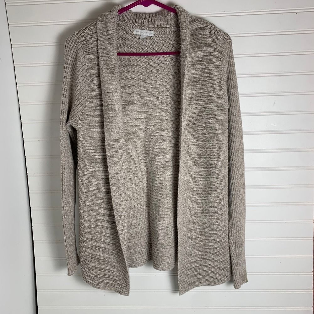 New York & Company Cardigan Sweater Knit Open Front Tan Neutral Small
